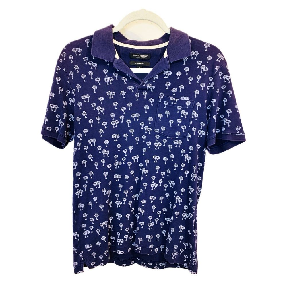 Banana Republic Luxury Touch Cotton Polo Shirt Palm Tree‎ Navy Blue Small